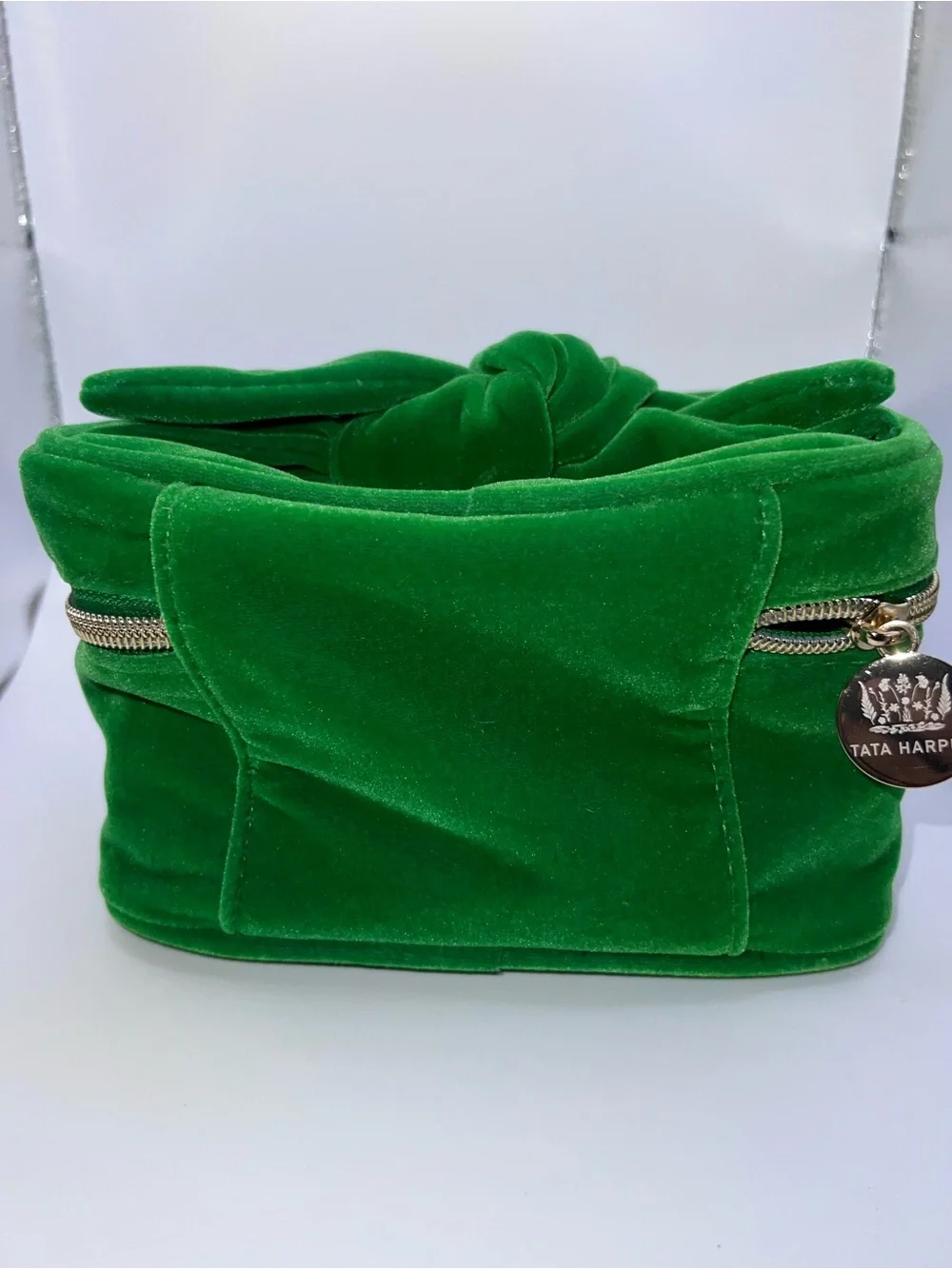 Tata Harper Emerald Green Velvet Cosmetic Case with Knot Handle